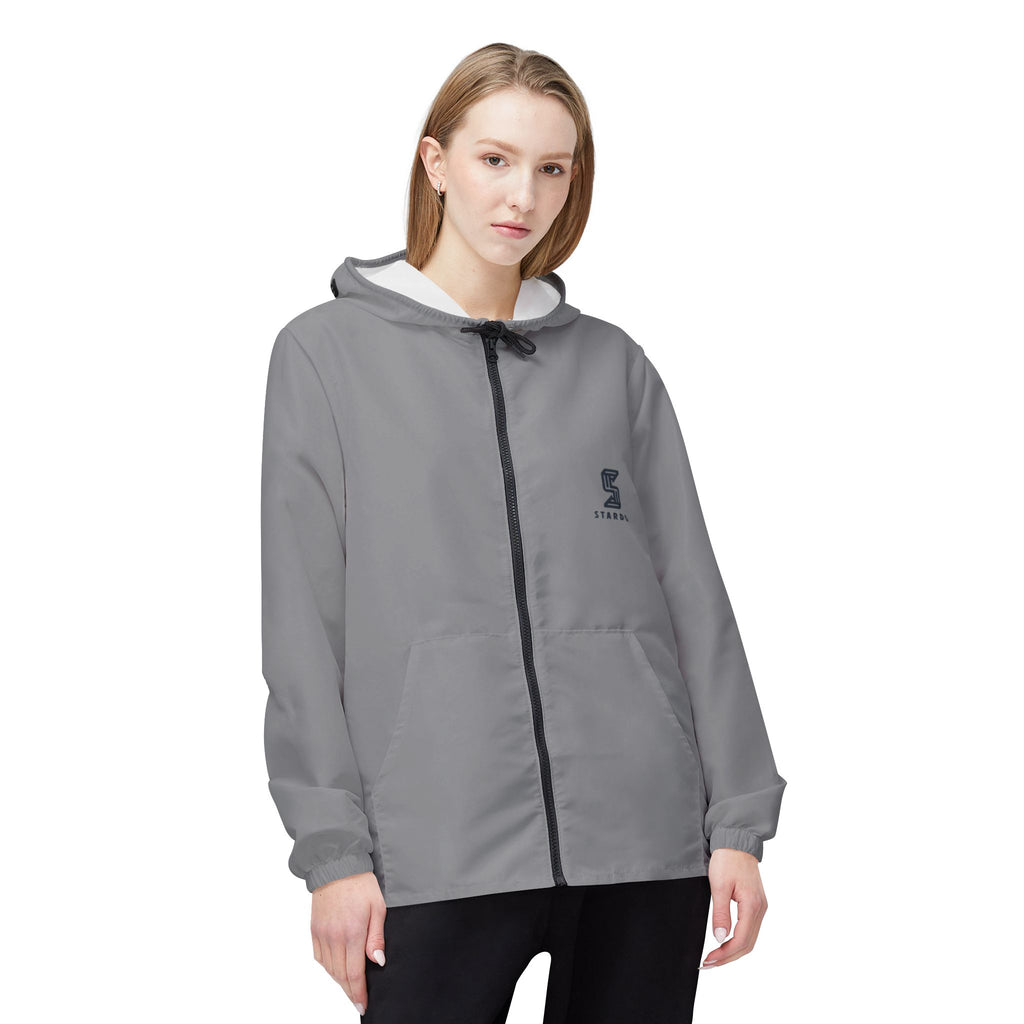 Grey Logo Windbreaker Jacket — Lightweight Hooded Zip-Up