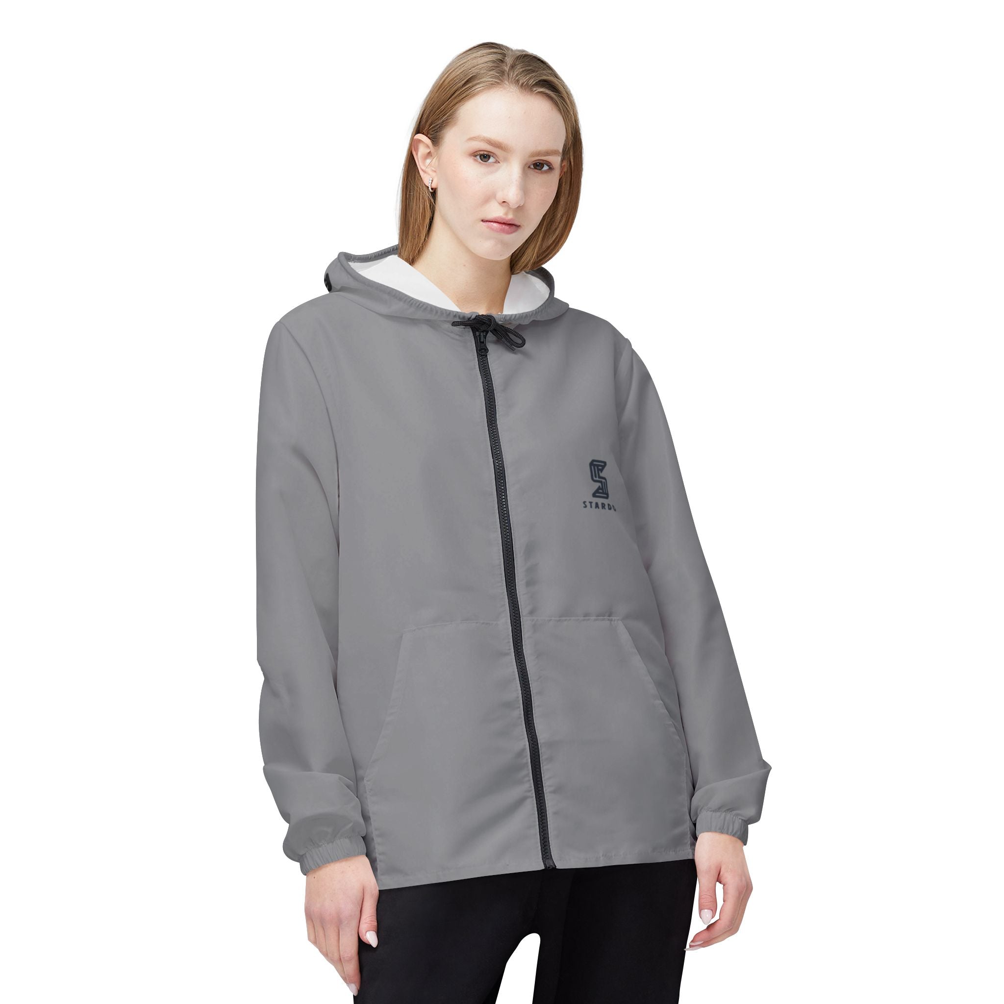 Grey Logo Windbreaker Jacket — Lightweight Hooded Zip-Up