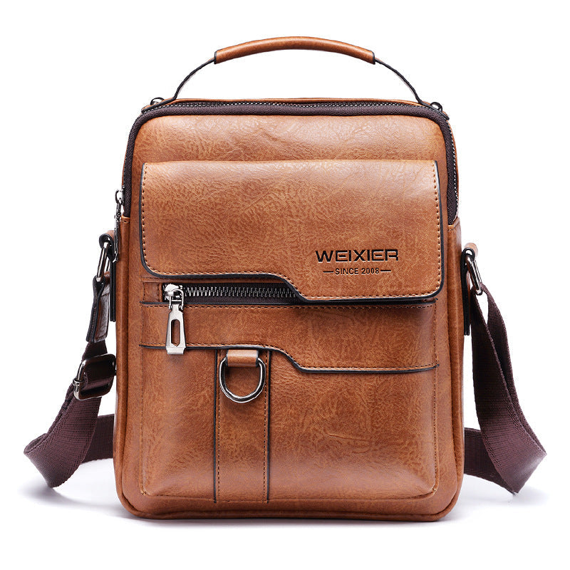Men's Vintage Leather Multi-Compartment Crossbody Messenger Bag Light Brown-0
