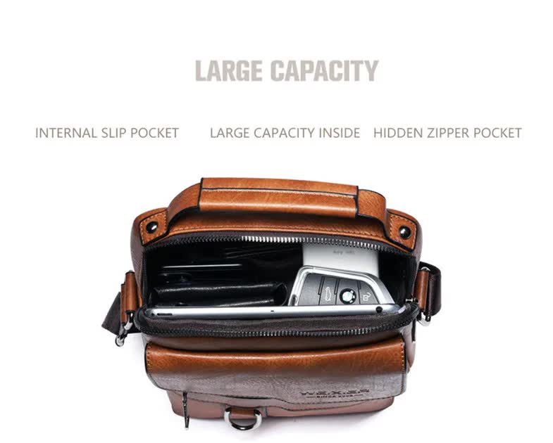 Men's Vintage Leather Multi-Compartment Crossbody Messenger Bag Light Brown-1
